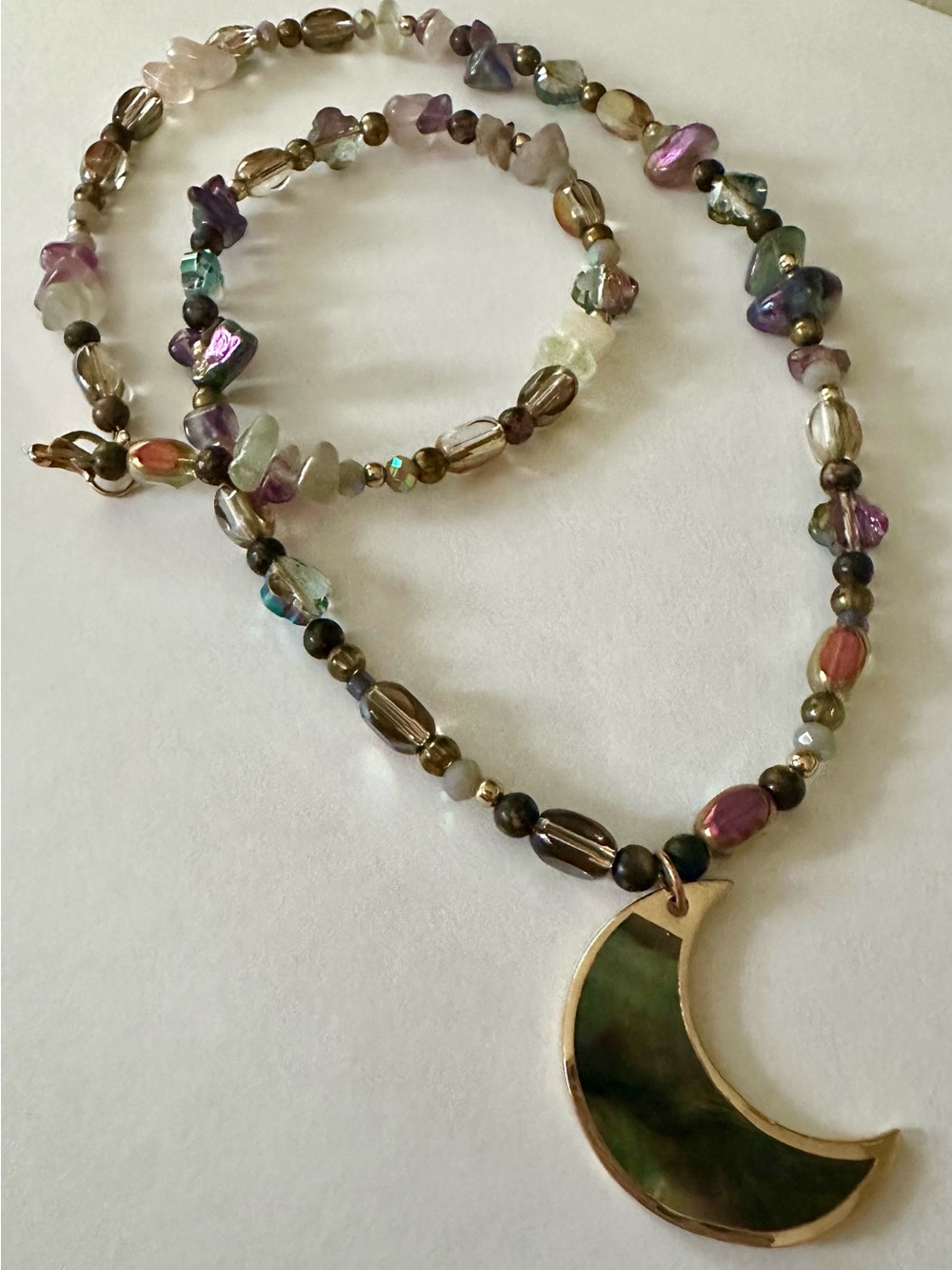 Hand Crafted Multicolor Beaded Necklace with Green Crescent Moon Pendant